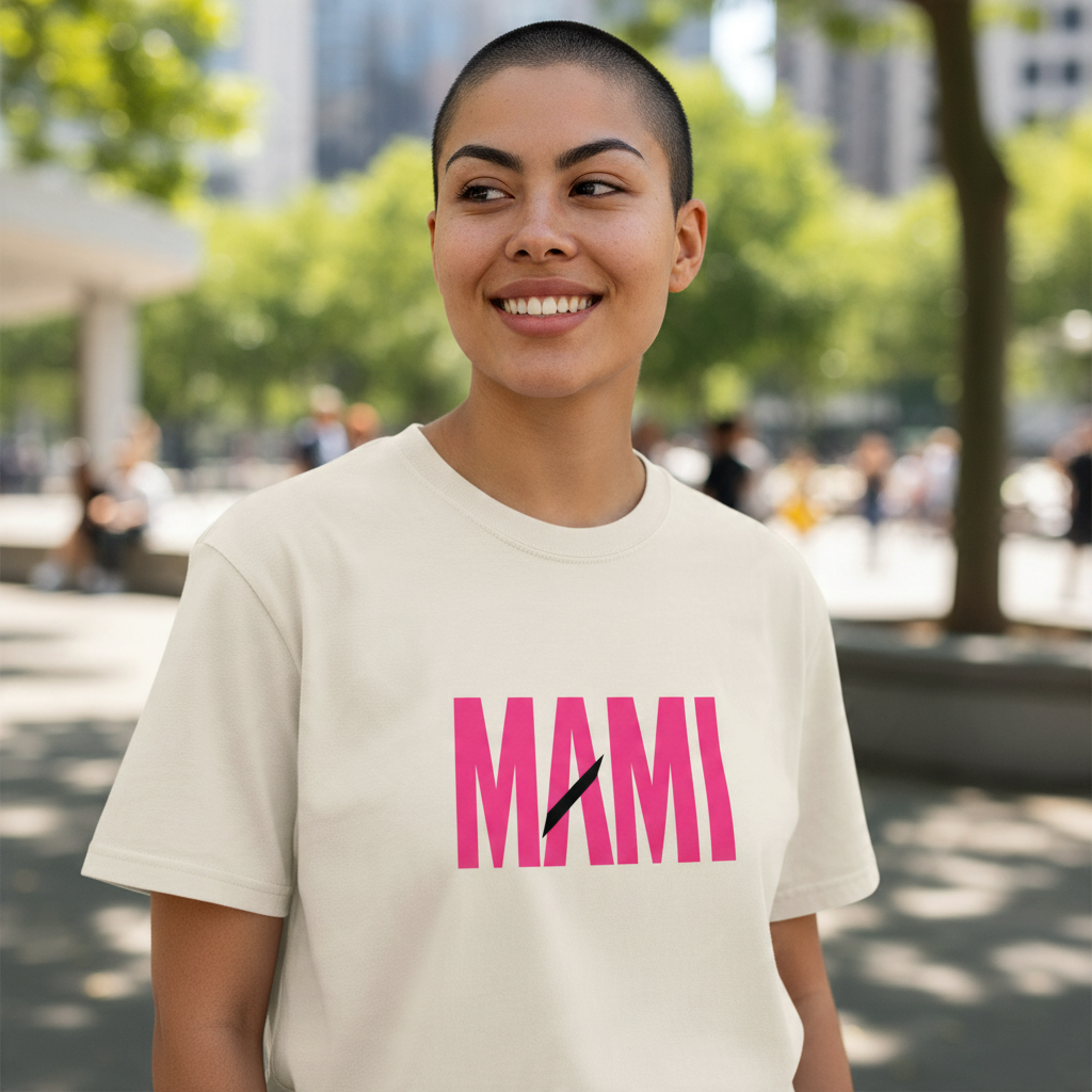 Flaunt It Mami premium unisex tee in cream cotton with bold pink MAMI graphic print worn by a smiling model outdoors