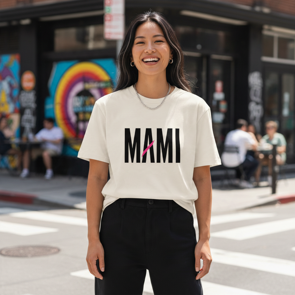 Flaunt It Mami premium unisex tee in cream cotton with black graphic text and a pink diagonal slash on a smiling woman