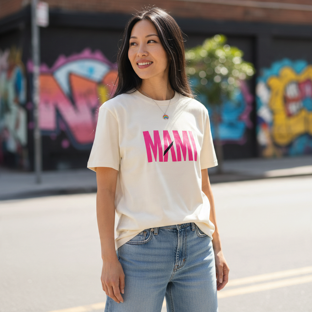 Flaunt It Mami premium unisex tee in cream with pink MAMI text and diagonal slash, worn by a woman on a city street.