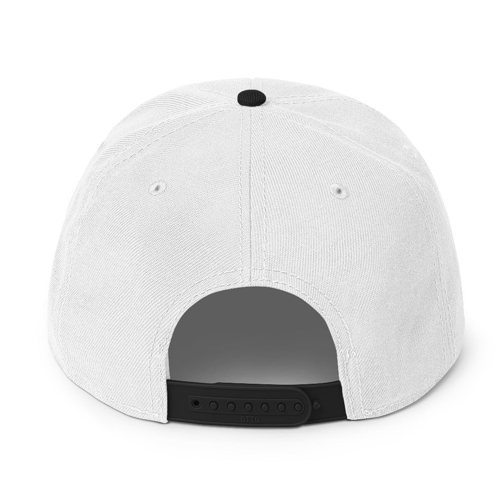 Flaunt It Mami snapback hat in white with a black adjustable plastic snap closure, back view.