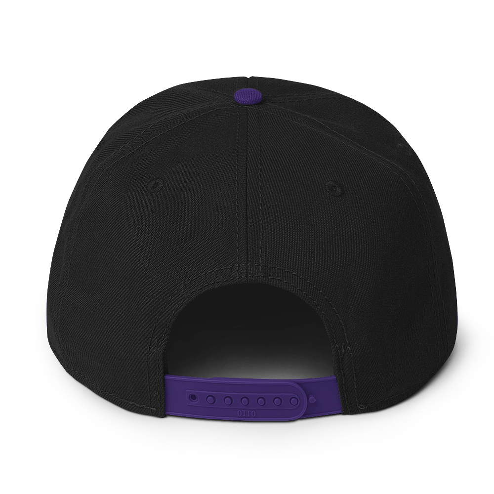 Flaunt It Mami snapback hat in black with a purple adjustable plastic snap closure and top button, back view.