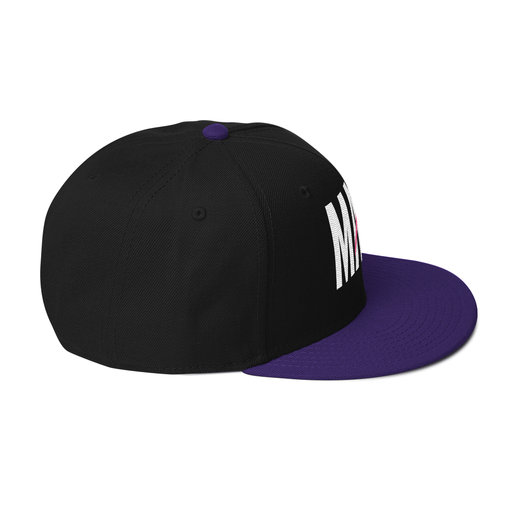 Flaunt It Mami embroidered snapback hat in black with a purple brim and top button, featuring white text.