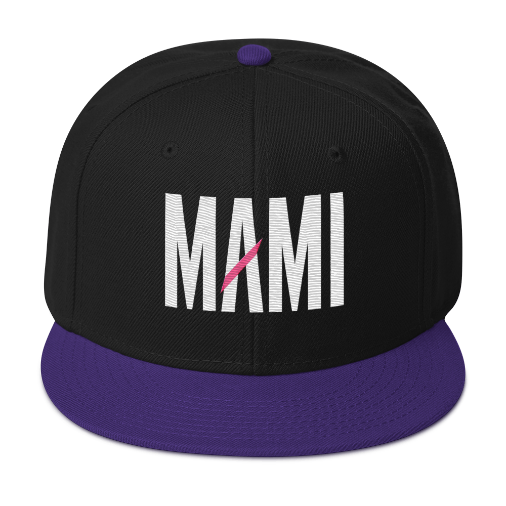 Flaunt It Mami structured snapback hat in black with a purple brim and white embroidered MAMI text with a pink slash.