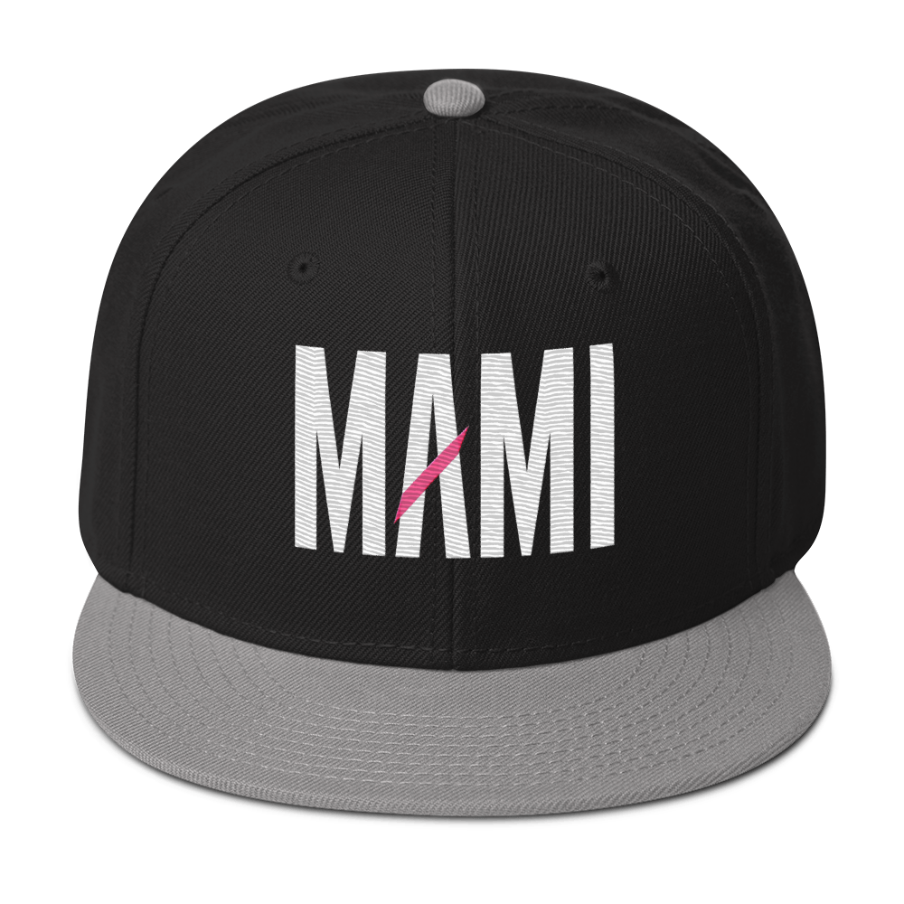 Flaunt It Mami embroidered black snapback hat with a grey brim and white text featuring a pink diagonal slash.