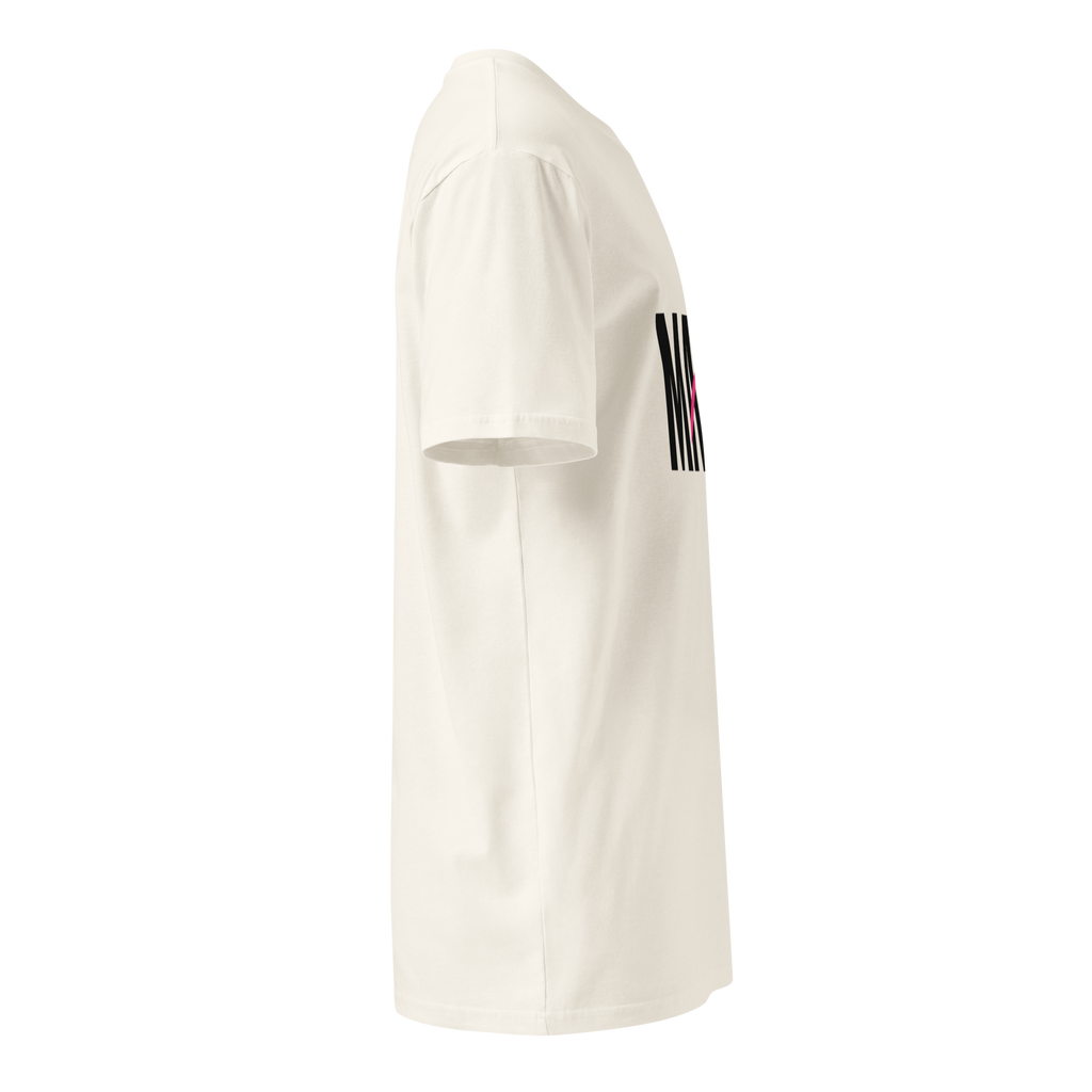 Flaunt It Mami premium unisex crew neck tee in off-white cotton with black graphic print, side view.