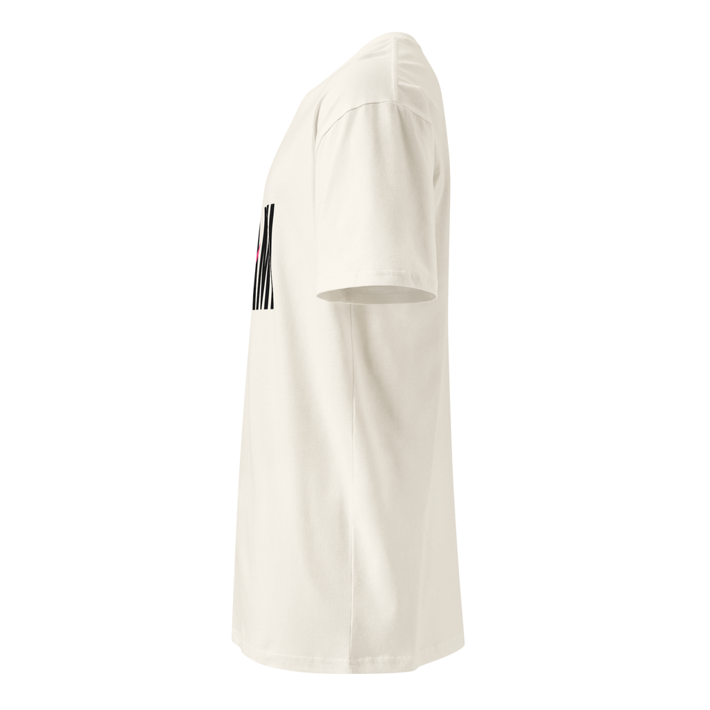 Flaunt It Mami premium unisex cotton tee in off-white with black graphic print, side profile view.