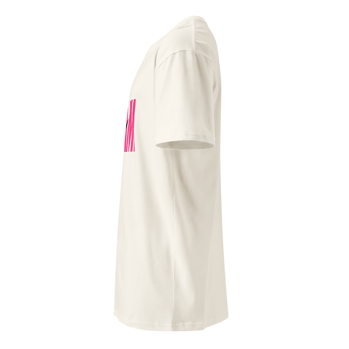 Flaunt It Mami premium unisex cotton crew neck tee in off-white with pink MAMI graphic, side view