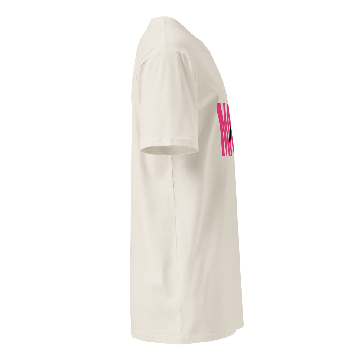 Flaunt It Mami premium unisex crew neck tee in off-white cotton with pink MAMI graphic print, side profile view.