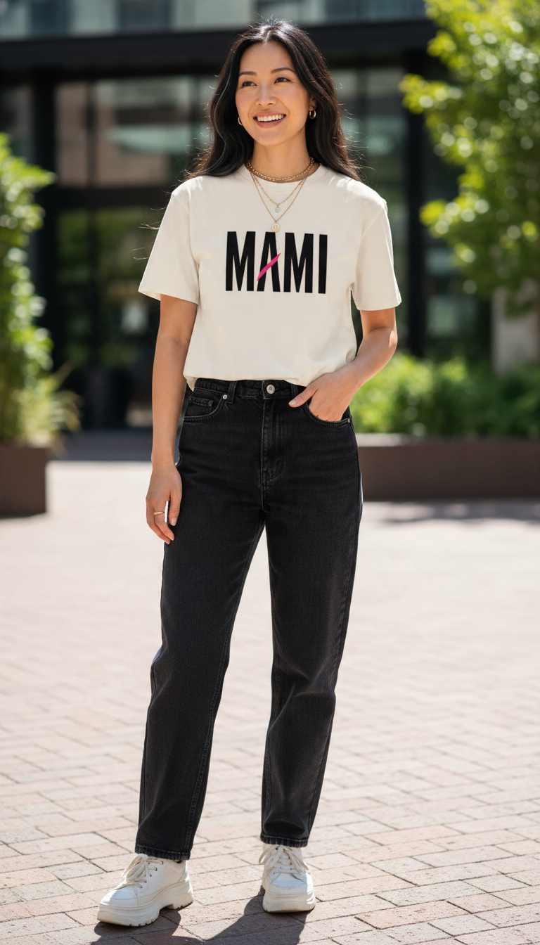 Flaunt It Mami premium unisex tee in cream cotton with black graphic print, worn by a woman with black jeans.