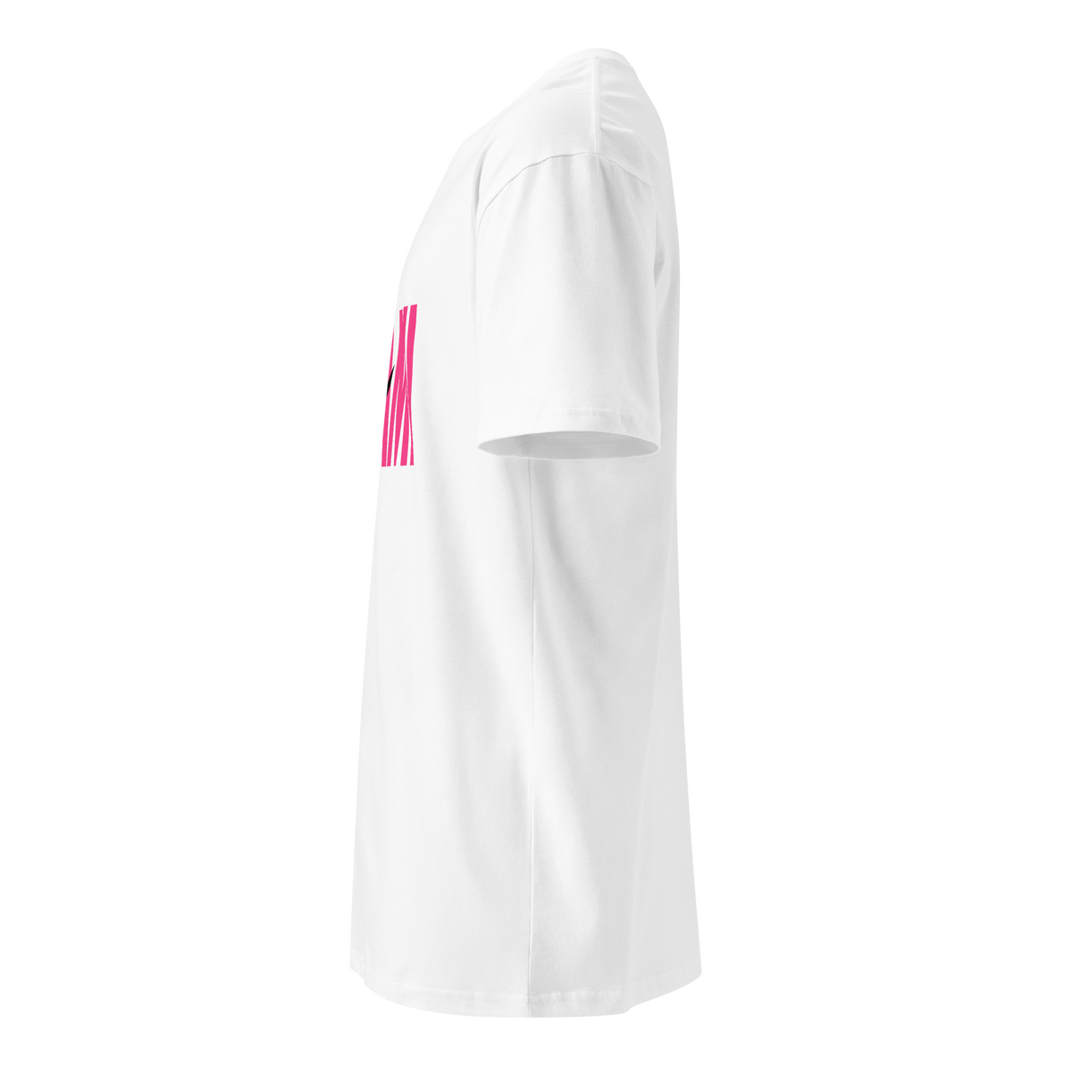 Flaunt It Mami premium unisex cotton tee in white with pink ink graphic, side view showing regular fit