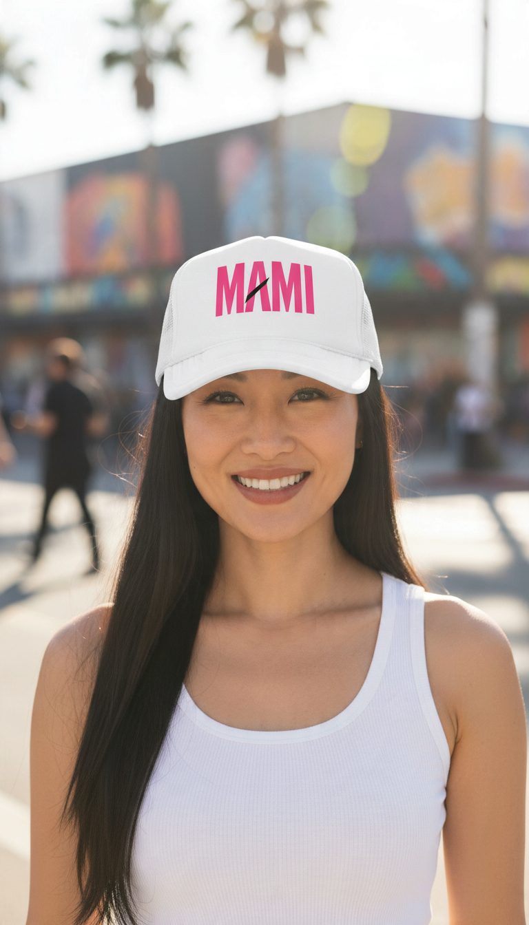 Flaunt It Mami premium white foam trucker hat with pink text on a smiling woman outdoors