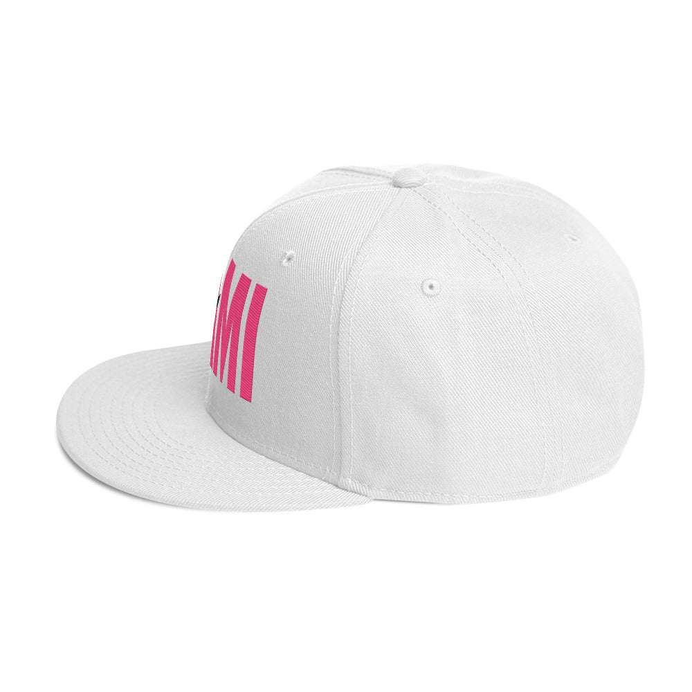 Flaunt It white structured snapback hat with MAMI embroidered in pink thread and a flat brim