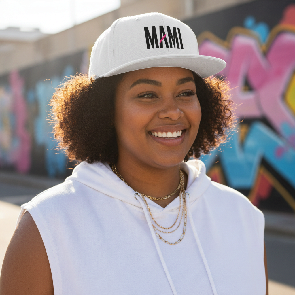 Flaunt It white snapback hat with MAMI embroidered in black thread, worn by a smiling woman in a white hoodie.