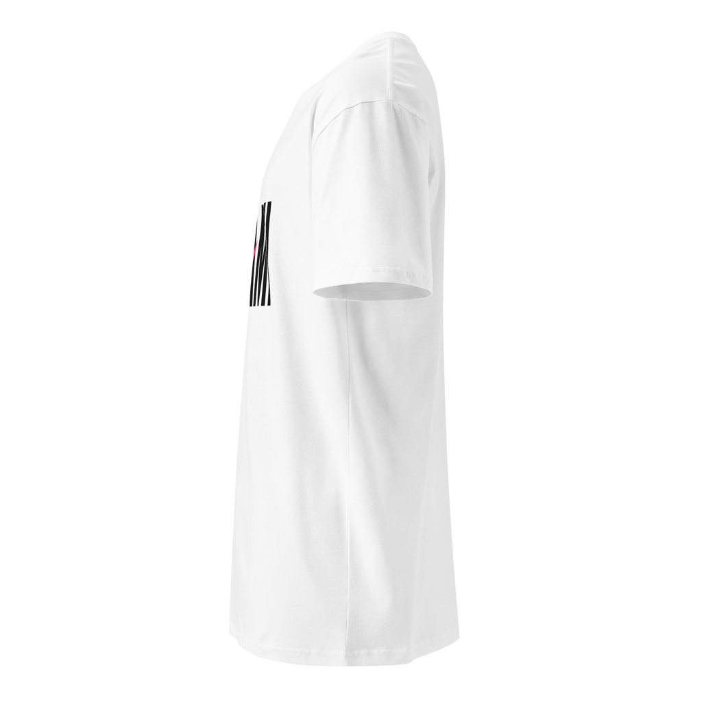 Flaunt It Mami premium unisex white cotton crew neck t-shirt with black graphic print, side profile view
