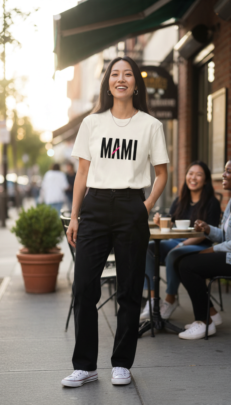 Flaunt It Mami premium unisex tee in white cotton with black graphic text, worn by a smiling woman on a city street.