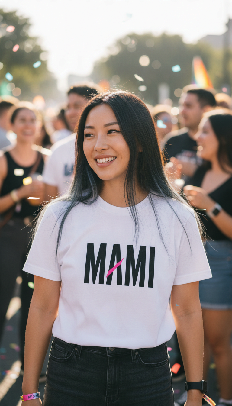 Flaunt It white premium unisex crew neck tee with black MAMI text and pink slash graphic worn by a smiling woman