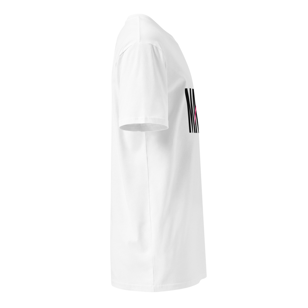 Flaunt It Mami premium unisex white cotton t-shirt with black graphic text, side view