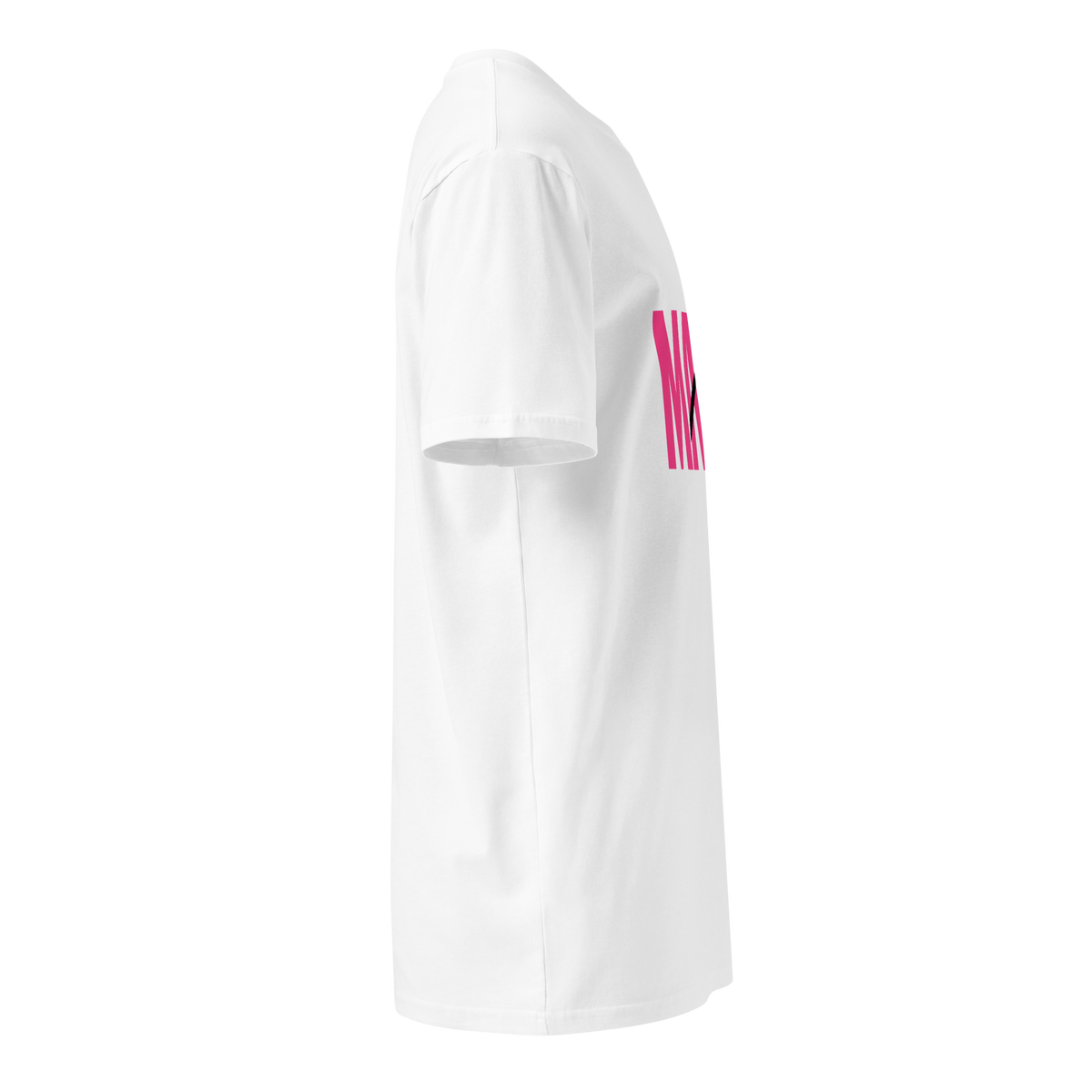 Side view of a white Flaunt It premium unisex cotton tee featuring pink MAMI graphic text with a diagonal slash.