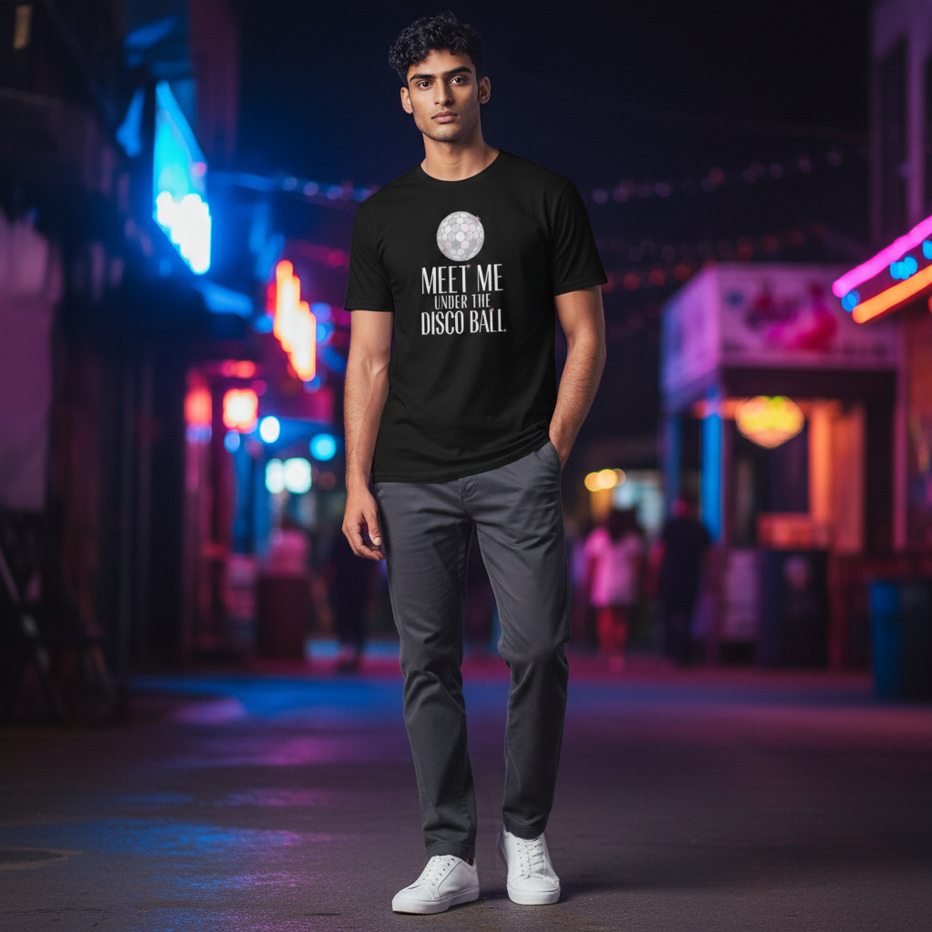 Flaunt It black premium cotton crew neck tee featuring Meet Me Under the Disco Ball graphic on a man in a city street