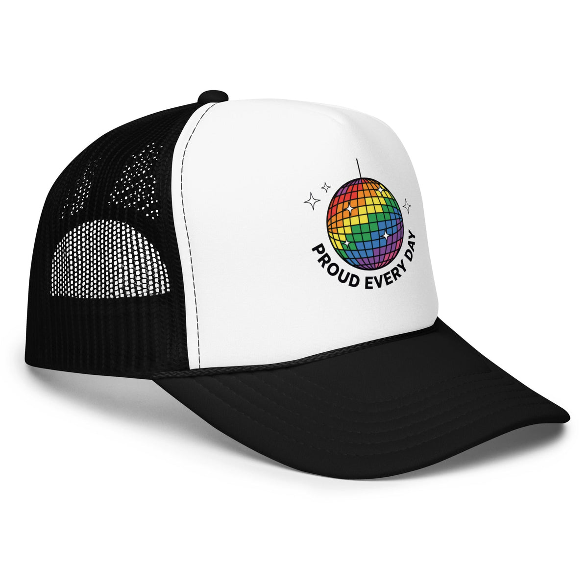 Flaunt It Proud Every Day Mirrorball Anthem cap featuring a rainbow disco ball graphic on a black and white trucker hat