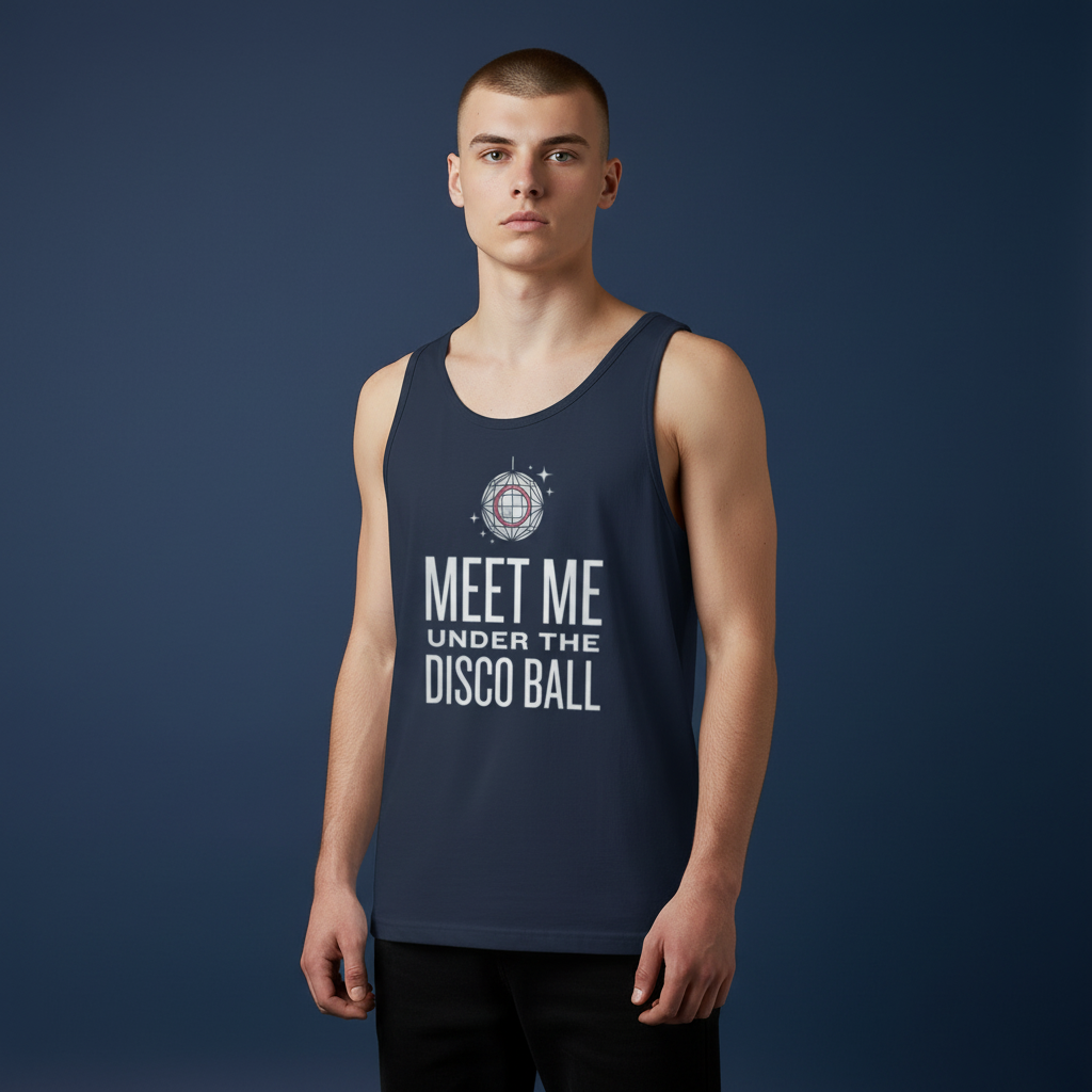 Flaunt It navy blue cotton tank top with Meet Me Under the Disco Ball graphic print worn by a male model