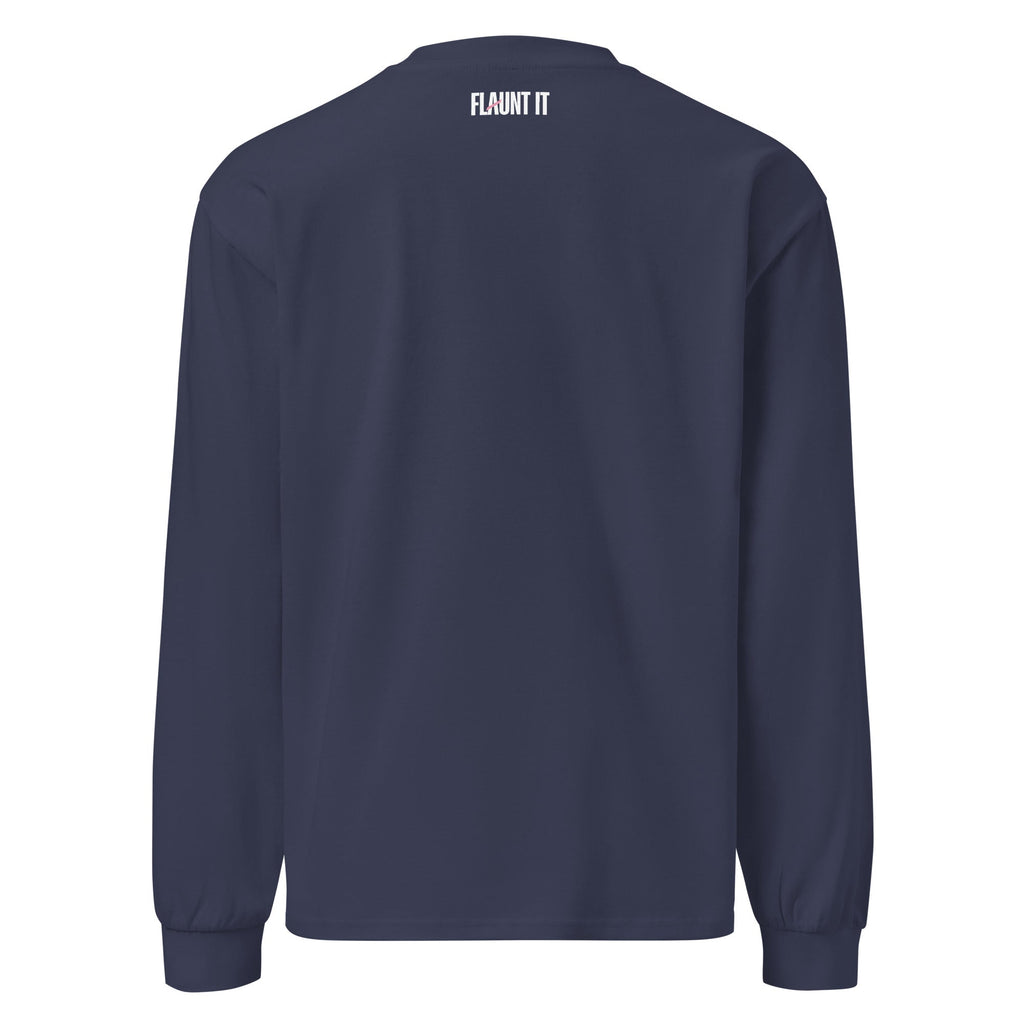 Flaunt It navy blue heavyweight long sleeve shirt with white brand logo on the back neck