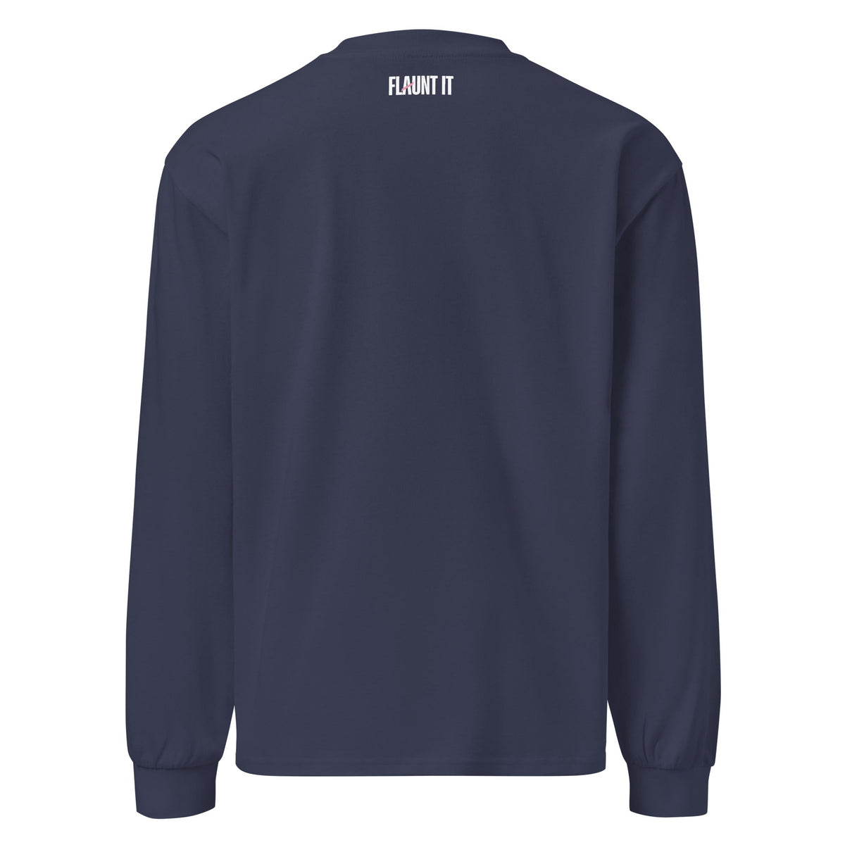 Flaunt It navy blue heavyweight long sleeve shirt with white brand logo on the back neck