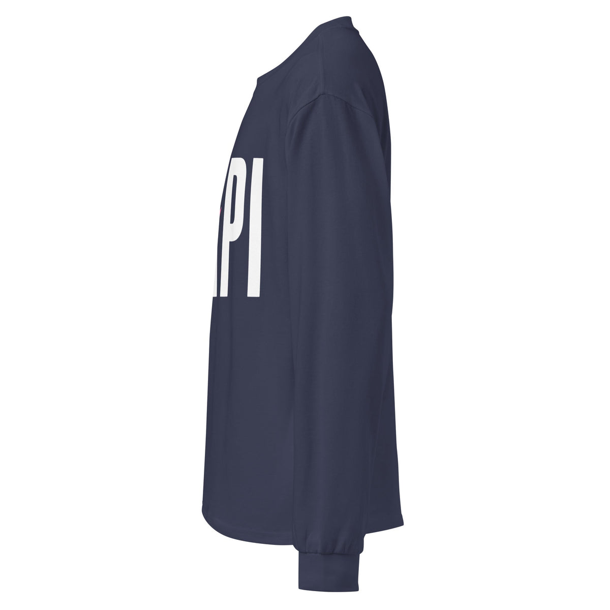 Flaunt It navy heavyweight long sleeve shirt with white PAPI graphic and pink slash detail, side profile view.