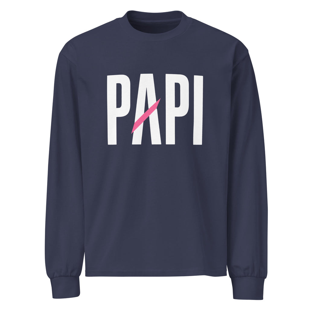Flaunt It navy heavyweight cotton long sleeve shirt with white PAPI text and a pink slash graphic on the chest.