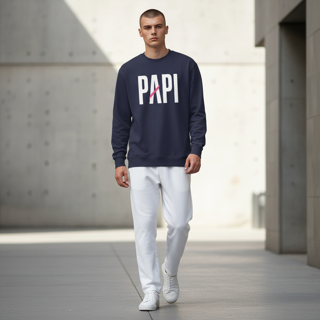 Flaunt It navy heavyweight long sleeve shirt with PAPI text and pink slash, worn by a man in white pants outdoors.