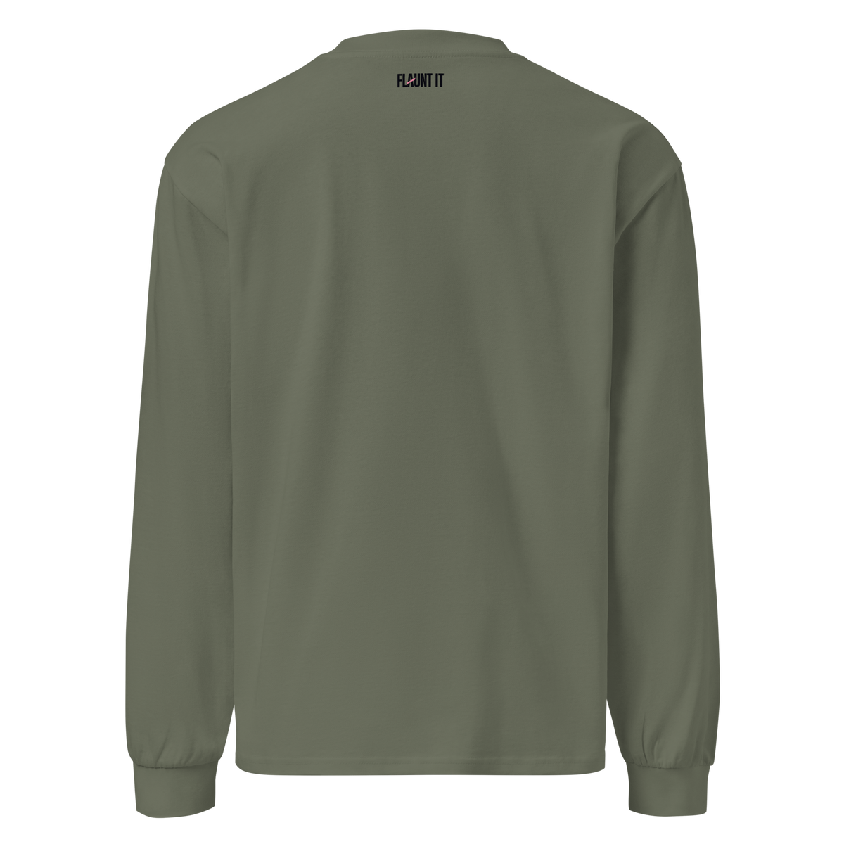 Back view of a Flaunt It olive green heavyweight cotton long sleeve shirt with a small brand logo at the neckline.