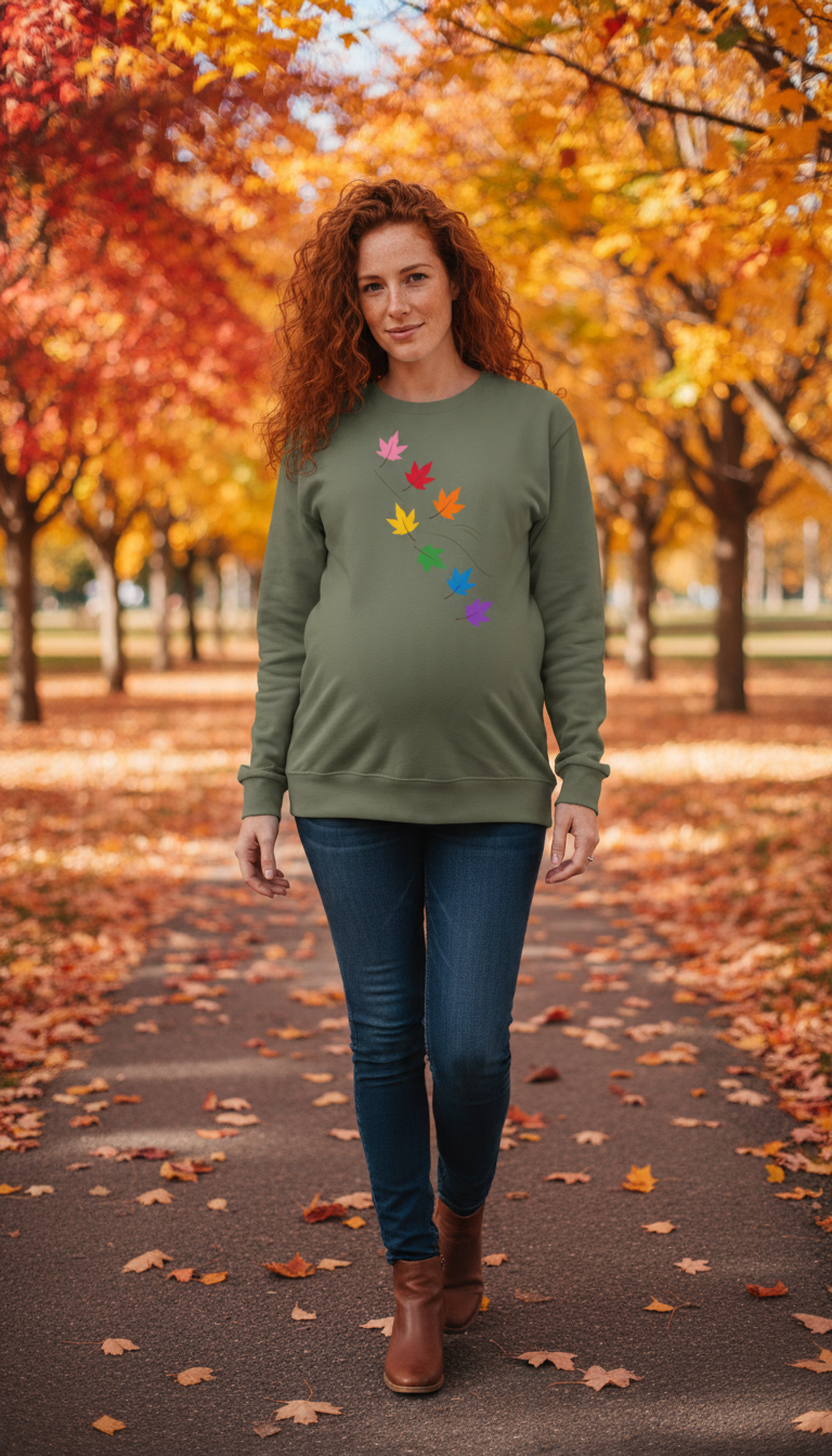 Flaunt It olive green long sleeve shirt featuring a diagonal pattern of seven colorful pride maple leaves
