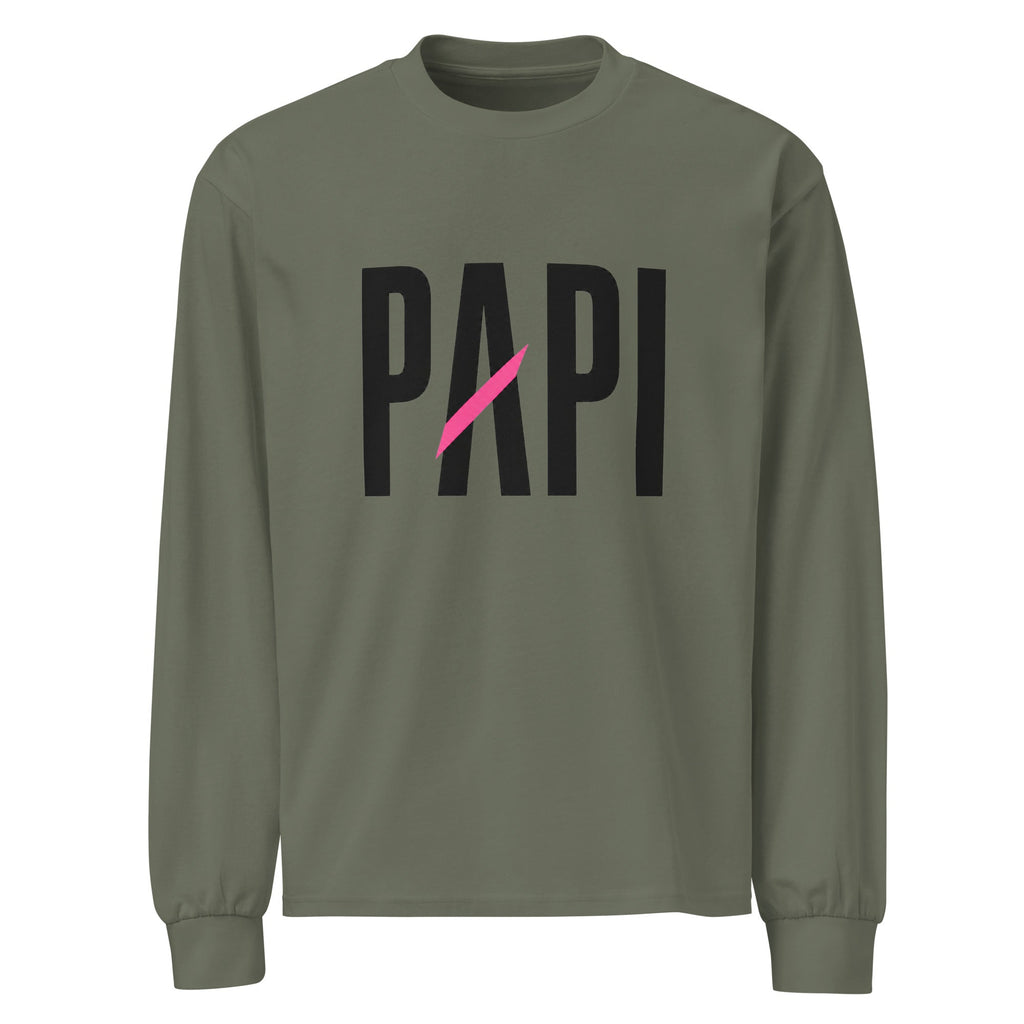 Flaunt It olive green heavyweight cotton long sleeve shirt with a black PAPI graphic and a pink slash accent.