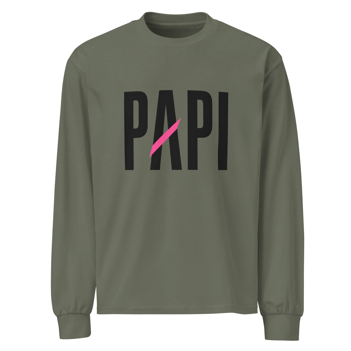 Flaunt It olive green heavyweight cotton long sleeve shirt with a black PAPI graphic and a pink slash accent.