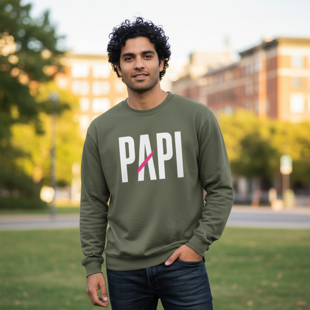 Flaunt It unisex olive green heavyweight long sleeve shirt with white PAPI text and a pink slash graphic