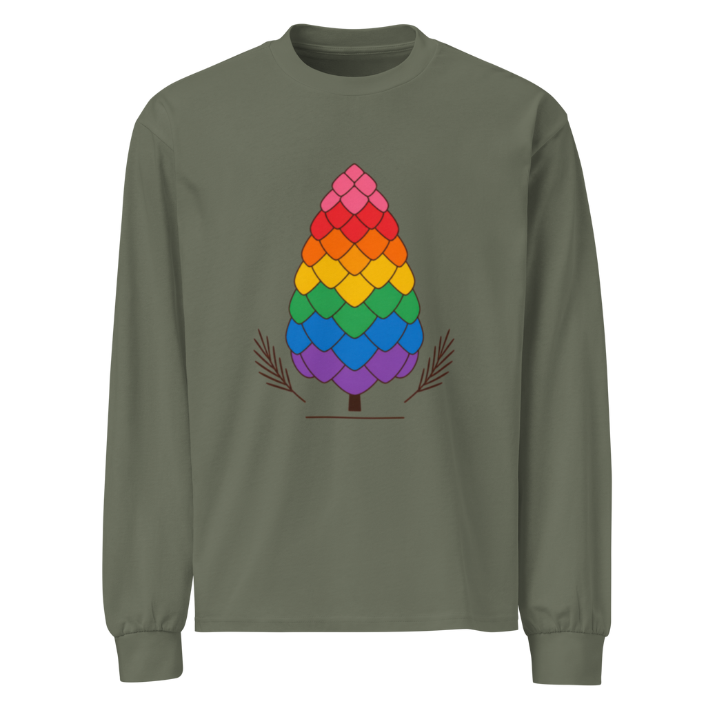 Flaunt It olive green heavyweight long sleeve shirt featuring a colorful rainbow pinecone graphic on the chest.