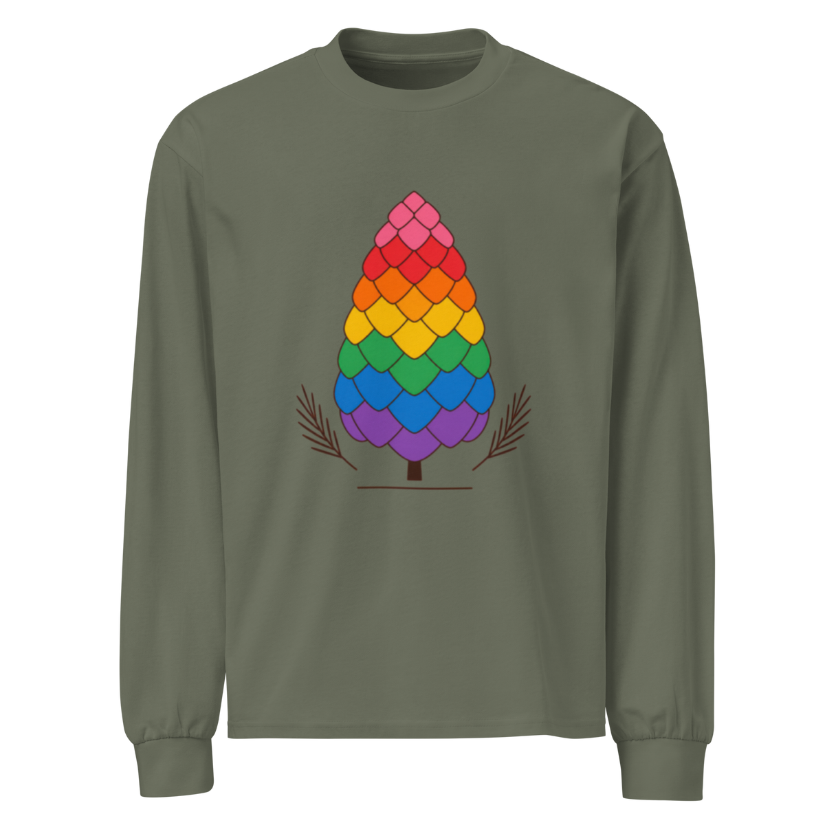Flaunt It olive green heavyweight long sleeve shirt featuring a colorful rainbow pinecone graphic on the chest.