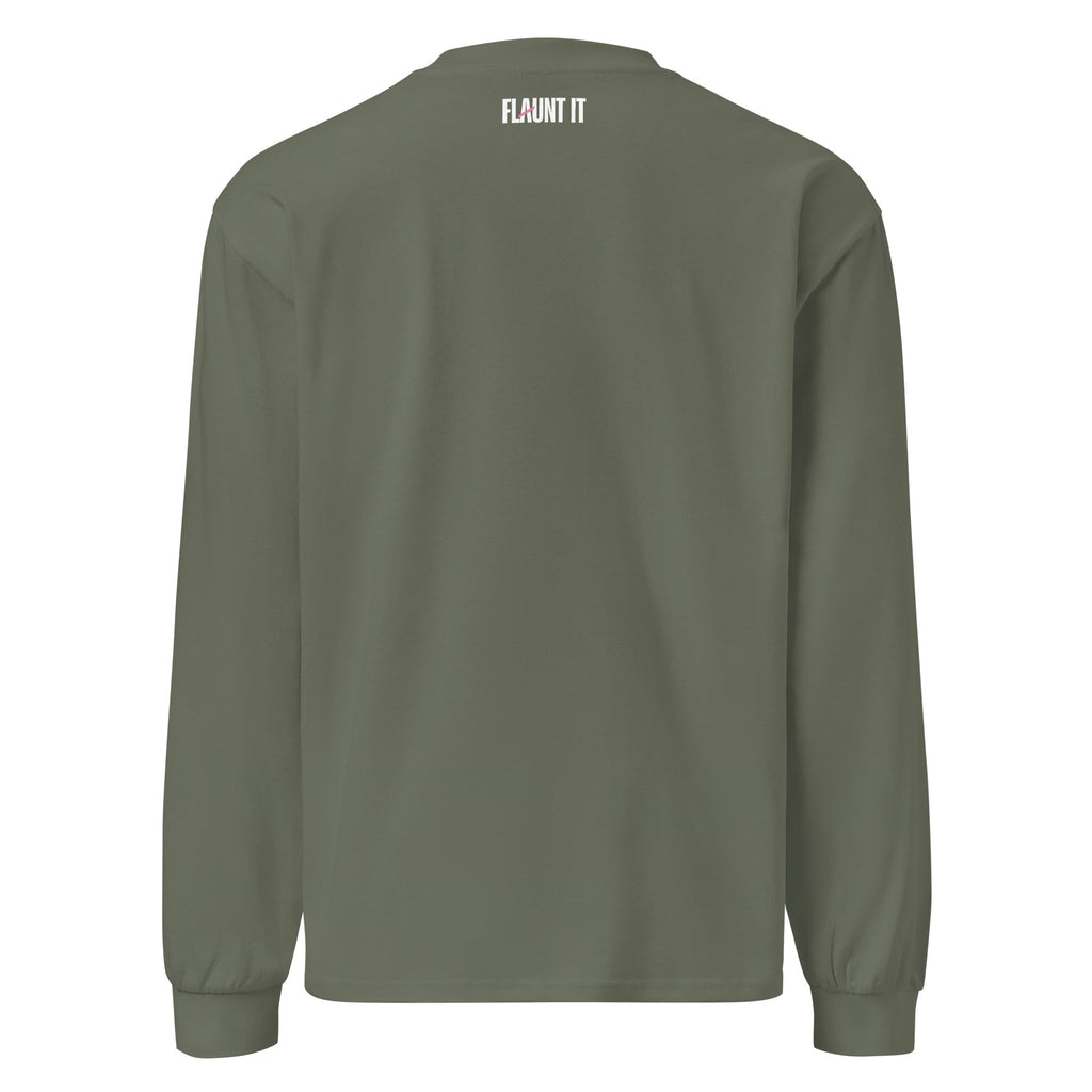 Flaunt It unisex heavyweight long sleeve shirt in olive green with white logo on the back neck, relaxed cotton fit.