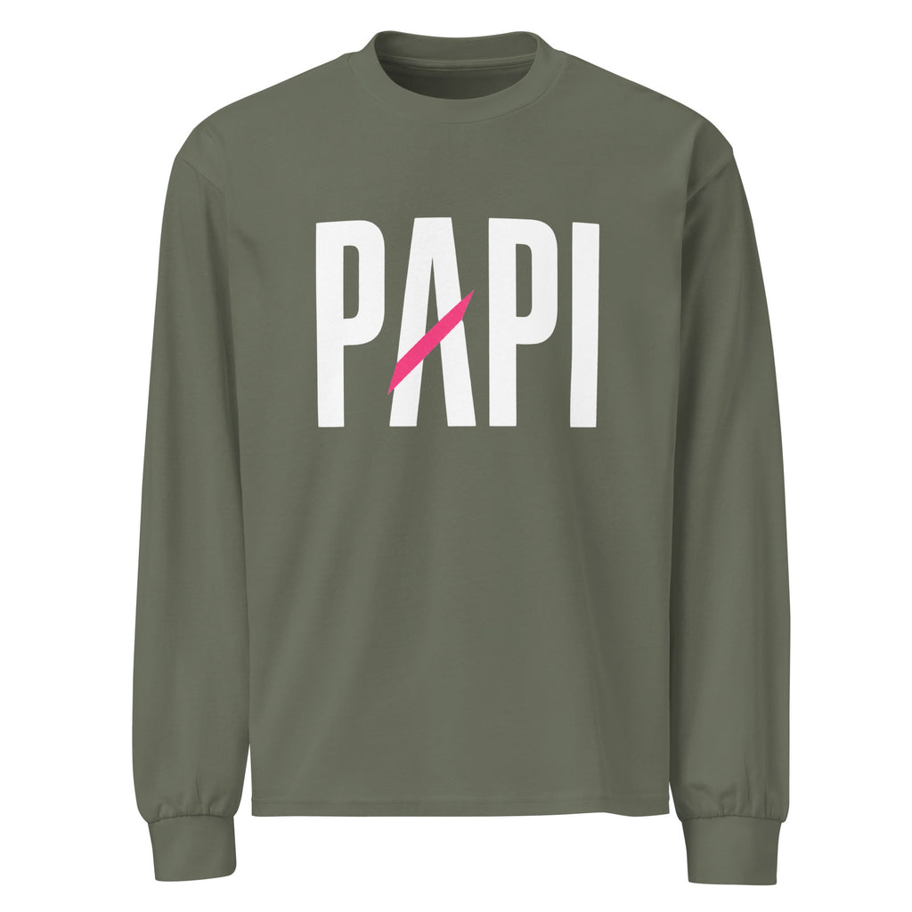 Flaunt It heavyweight long sleeve shirt in olive green with white PAPI text and a pink slash graphic on the chest.