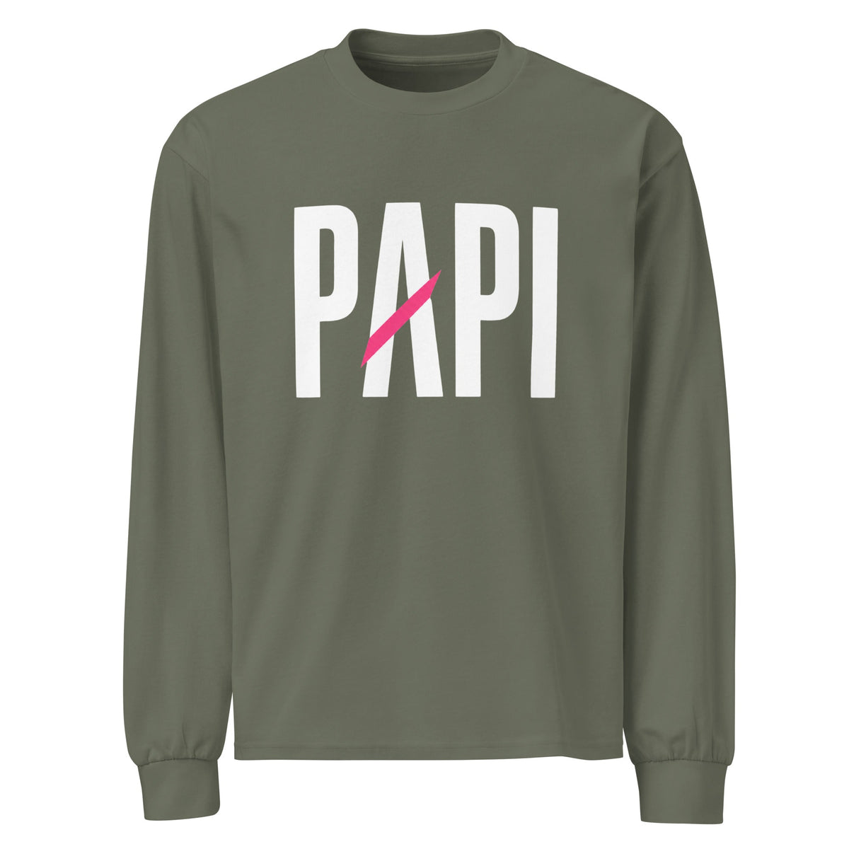 Flaunt It heavyweight long sleeve shirt in olive green with white PAPI text and a pink slash graphic on the chest.