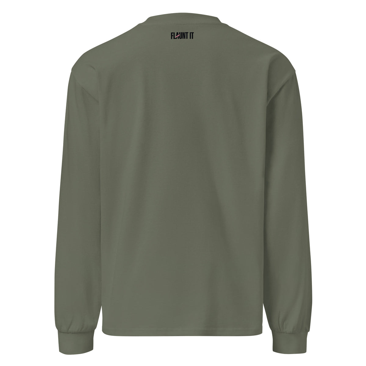 Flaunt It olive green heavyweight cotton long sleeve shirt back view with small brand logo at the neckline