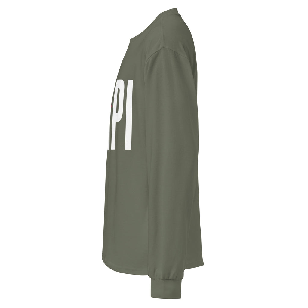 Flaunt It heavyweight cotton long sleeve shirt in olive green with white PAPI text and pink slash detail side view
