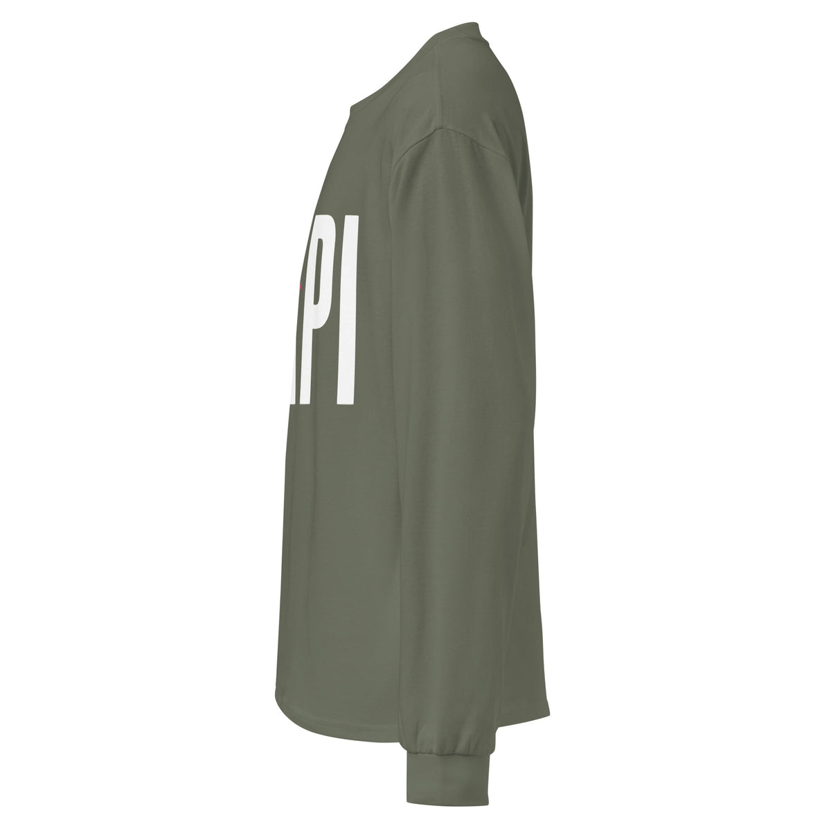 Flaunt It heavyweight cotton long sleeve shirt in olive green with white PAPI text and pink slash detail side view