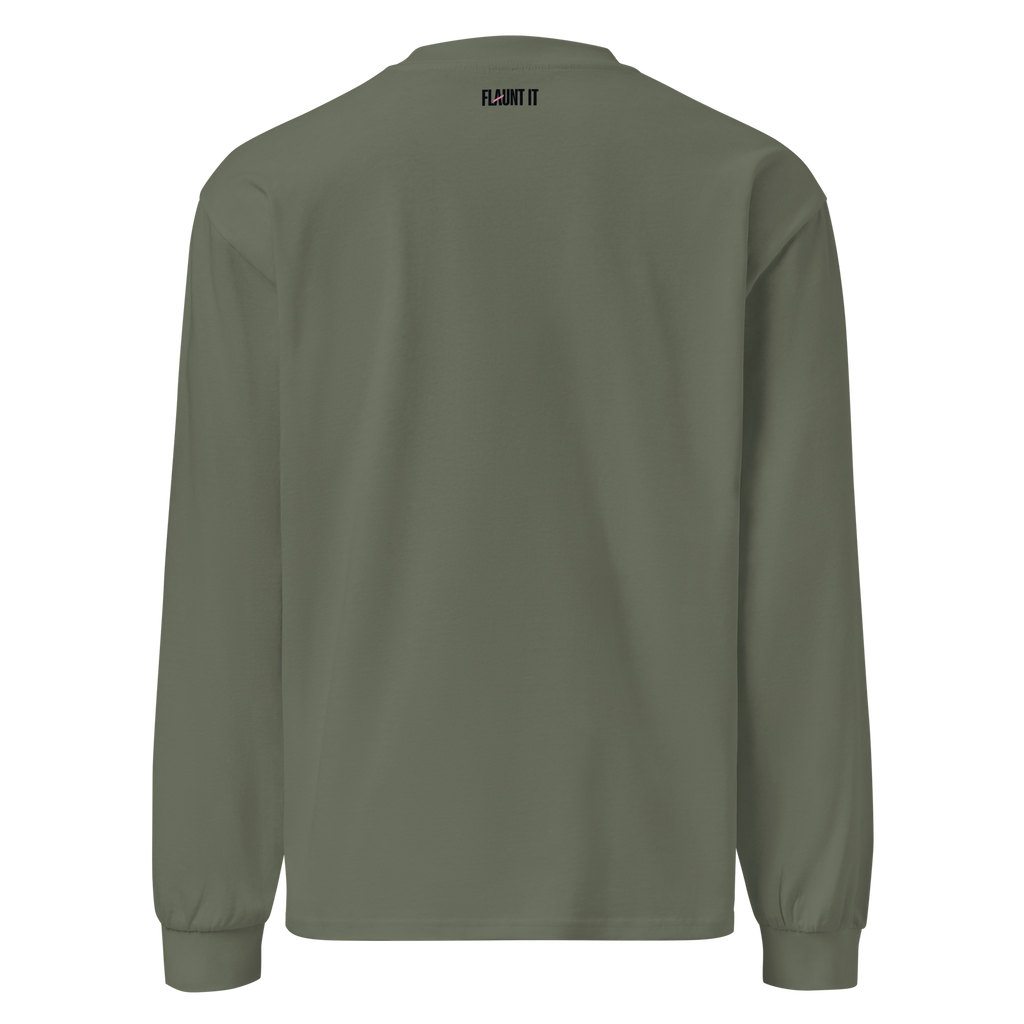 Flaunt It olive green heavyweight long sleeve shirt, back view with small brand logo at the neckline.
