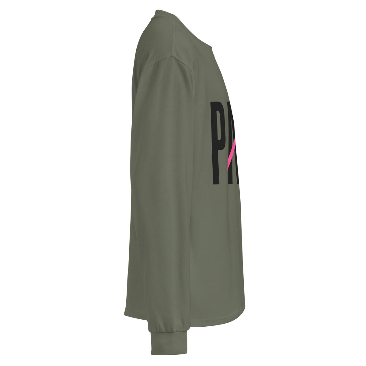 Flaunt It heavyweight long sleeve shirt in olive green with PAPI graphic print and pink slash detail, side view.