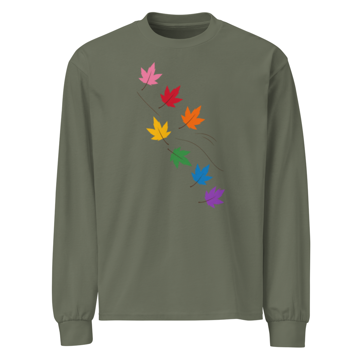 Flaunt It olive green heavyweight cotton long sleeve shirt featuring a diagonal pattern of colorful pride maple leaves.