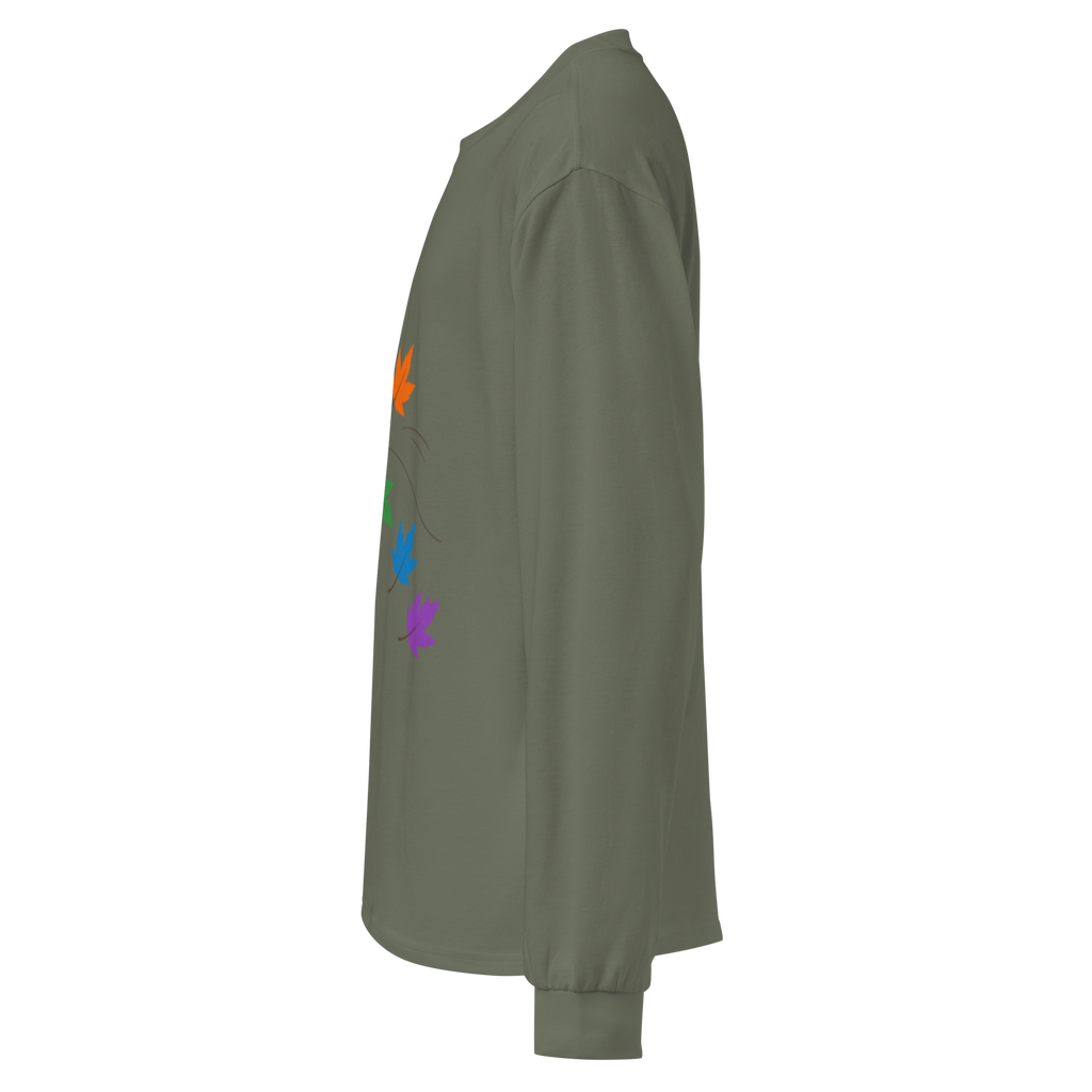 Flaunt It heavyweight long sleeve shirt in olive green featuring a diagonal print of colorful pride maple leaves.