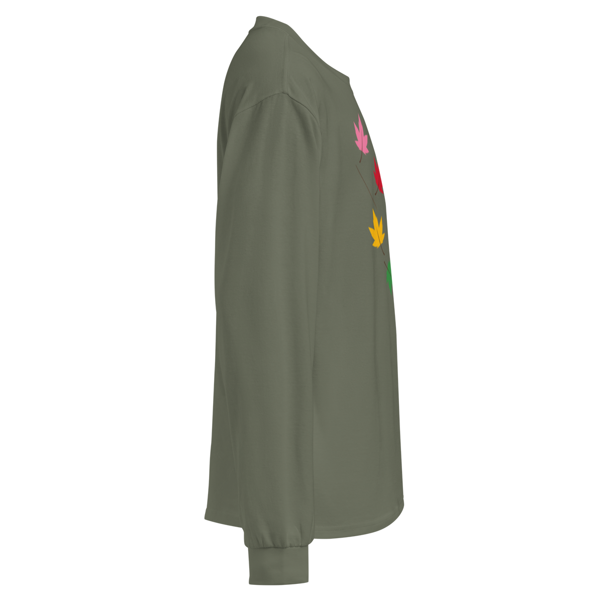 Flaunt It olive green heavyweight cotton long sleeve shirt with colorful maple leaf graphic on the side