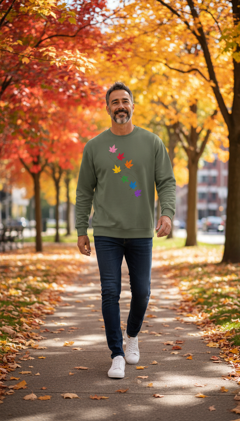 Flaunt It olive green heavyweight long sleeve shirt with a diagonal pride maple leaf print worn by a smiling man.