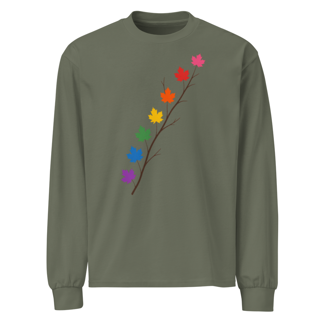Flaunt It olive green heavyweight long sleeve shirt featuring a diagonal branch with seven rainbow-colored maple leaves